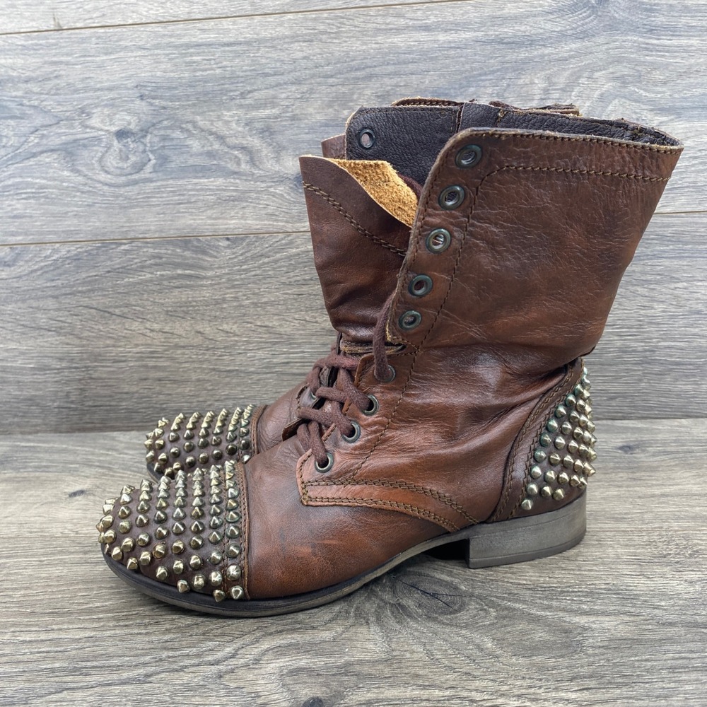 Steve Madden Studded Combat Boots Women 7.5 Brown Leather Moto Side Zip Troopa
